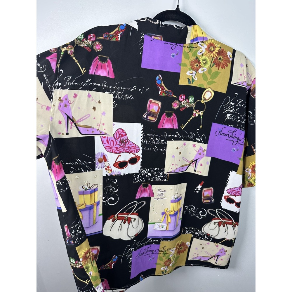 Susan Graver XL Womens Top Button Short Sleeve Girly Makeup Patch Design Colors - Picture 13 of 13